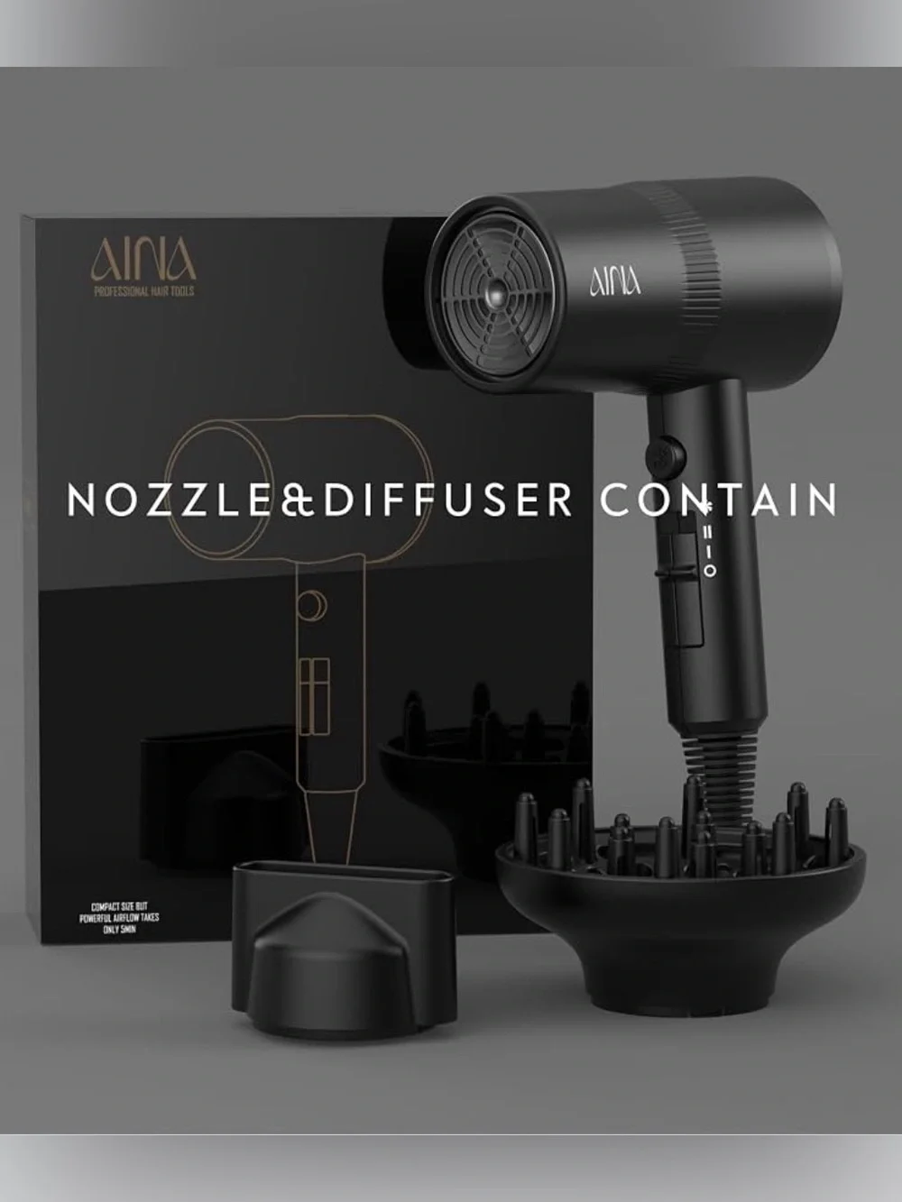 AINA COMPACT Diffuser Hair Dryer Full-Featured Blow Dryer 110V/1600W Black